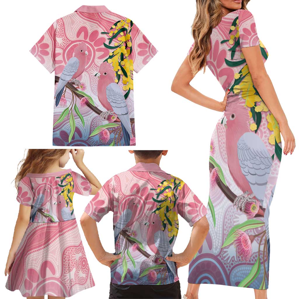 Australia Galah Family Matching Short Sleeve Bodycon Dress and Hawaiian Shirt Gumblossoms Golden Wattle Aboriginal Art