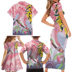 Australia Galah Family Matching Short Sleeve Bodycon Dress and Hawaiian Shirt Gumblossoms Golden Wattle Aboriginal Art