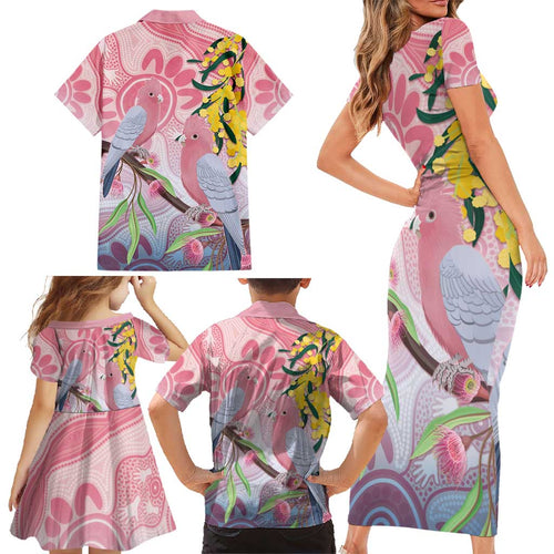 Australia Galah Family Matching Short Sleeve Bodycon Dress and Hawaiian Shirt Gumblossoms Golden Wattle Aboriginal Art