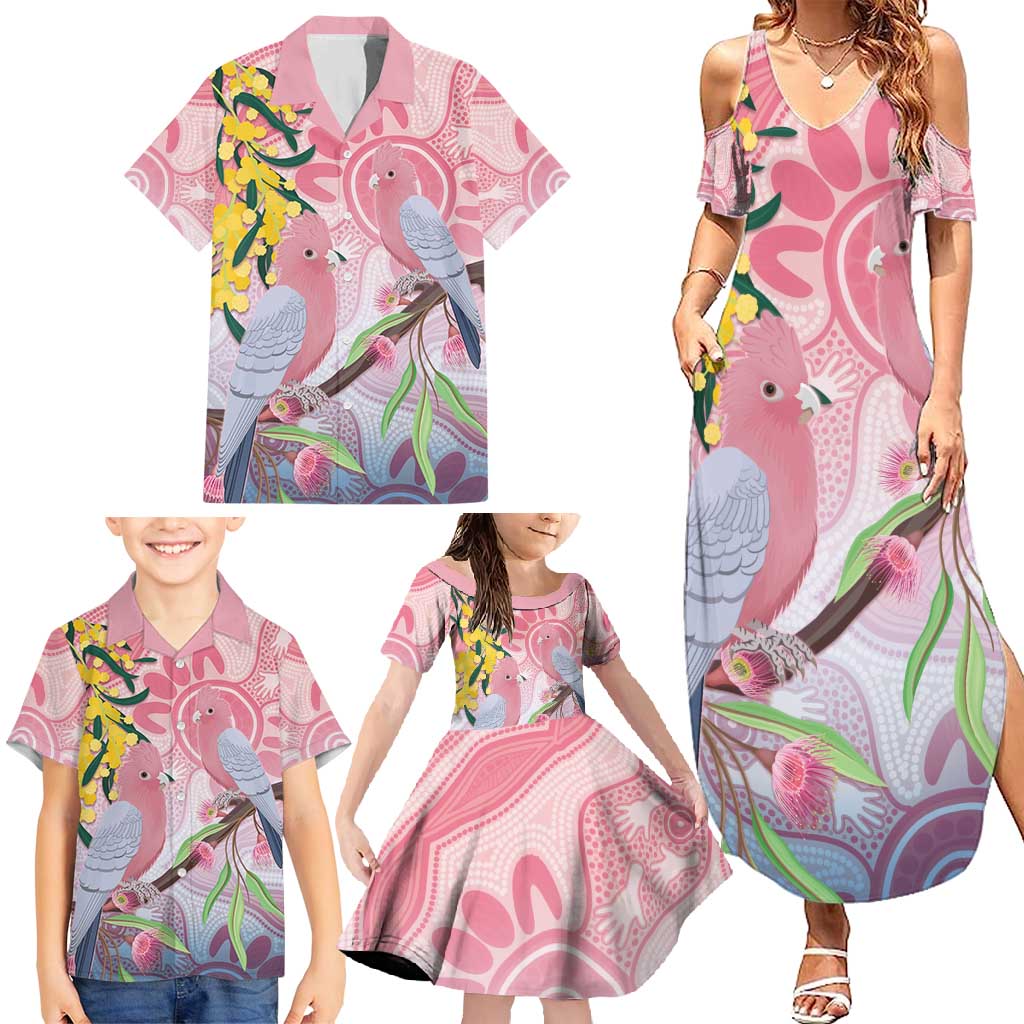 Australia Galah Family Matching Summer Maxi Dress and Hawaiian Shirt Gumblossoms Golden Wattle Aboriginal Art