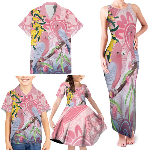 Australia Galah Family Matching Tank Maxi Dress and Hawaiian Shirt Gumblossoms Golden Wattle Aboriginal Art