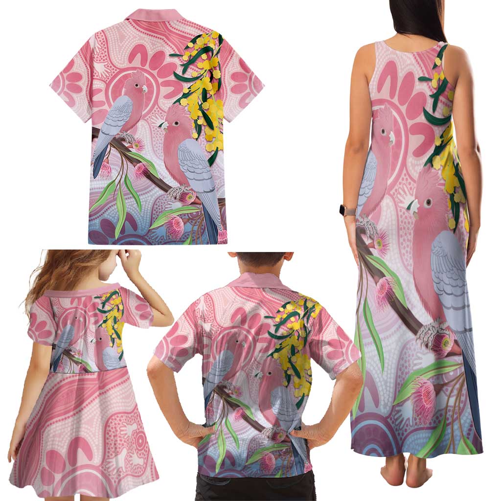 Australia Galah Family Matching Tank Maxi Dress and Hawaiian Shirt Gumblossoms Golden Wattle Aboriginal Art