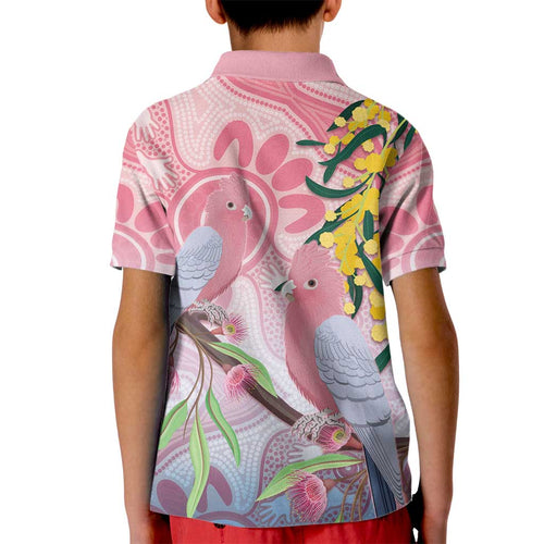 Australia Galah Kid Polo Shirt Gumblossoms Golden Wattle Aboriginal Art