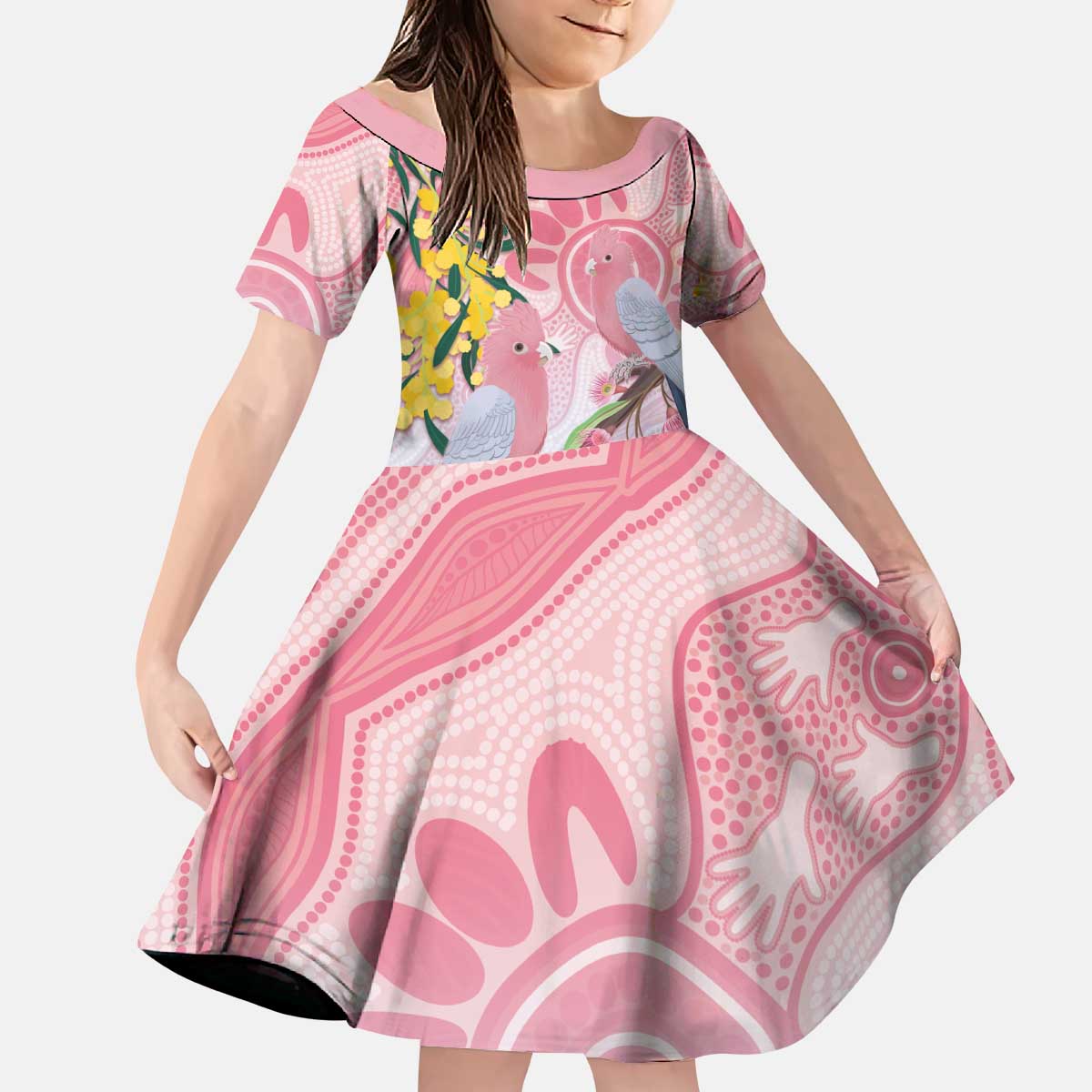 Australia Galah Kid Short Sleeve Dress Gumblossoms Golden Wattle Aboriginal Art
