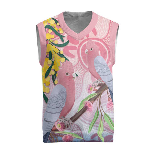Australia Galah Christmas Knitted V-Neck Vest Gumblossoms Golden Wattle Aboriginal Art - Aussie Hoodie
