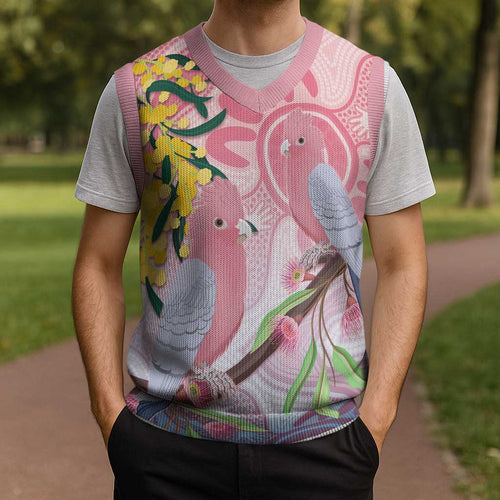 Australia Galah Christmas Knitted V-Neck Vest Gumblossoms Golden Wattle Aboriginal Art - Aussie Hoodie