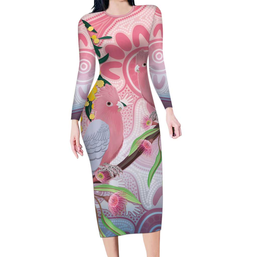 Australia Galah Long Sleeve Bodycon Dress Gumblossoms Golden Wattle Aboriginal Art