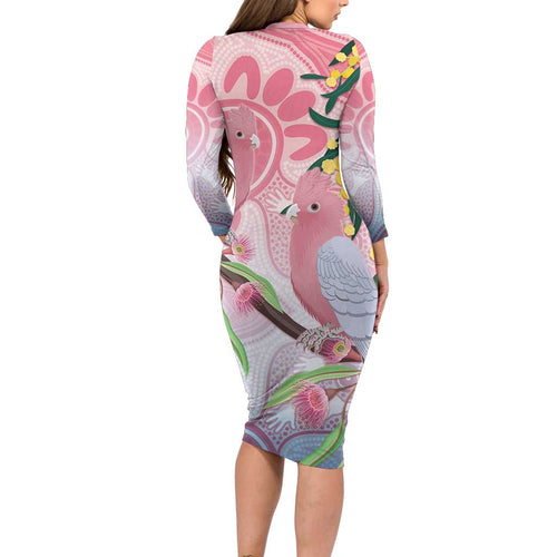 Australia Galah Long Sleeve Bodycon Dress Gumblossoms Golden Wattle Aboriginal Art