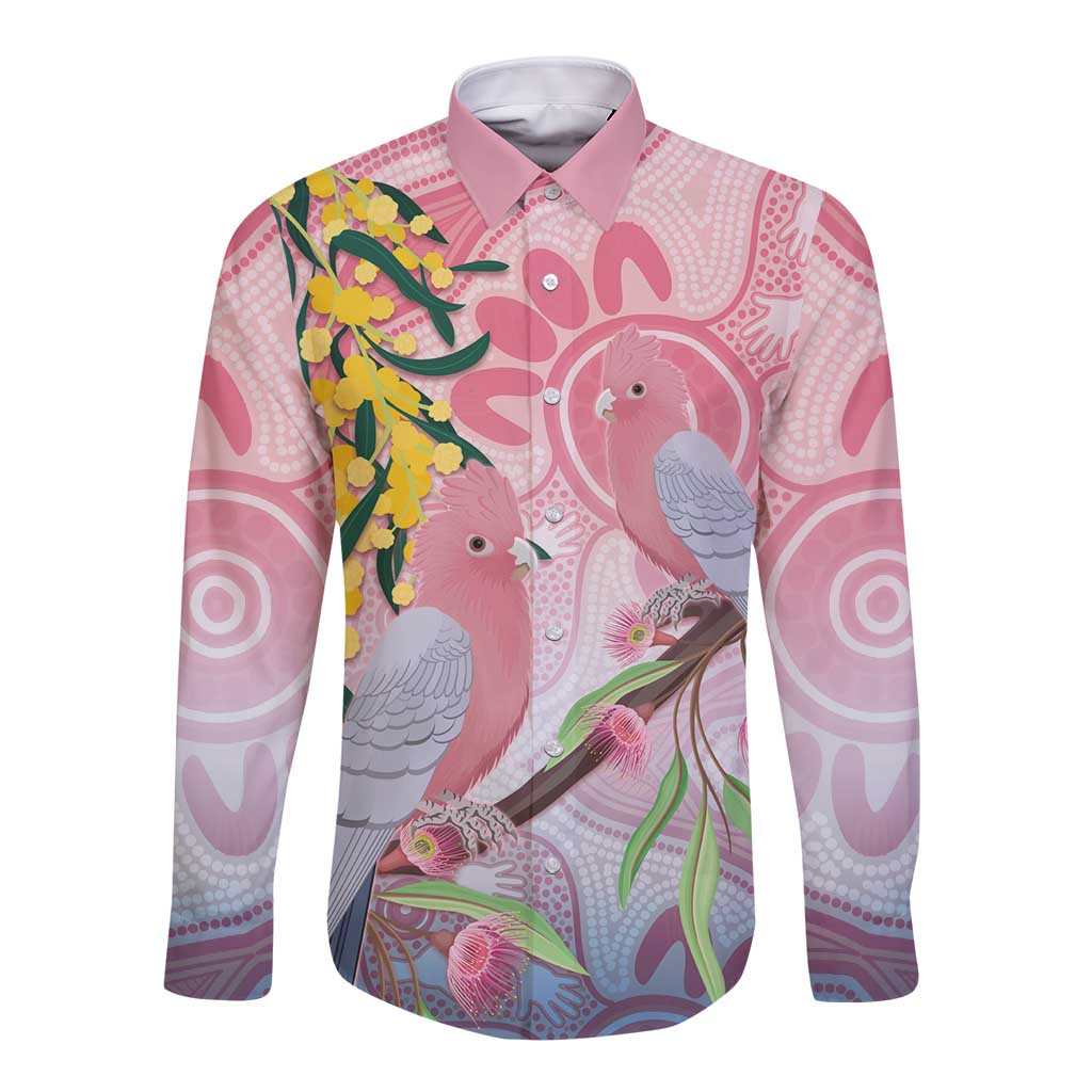 Australia Galah Long Sleeve Button Shirt Gumblossoms Golden Wattle Aboriginal Art