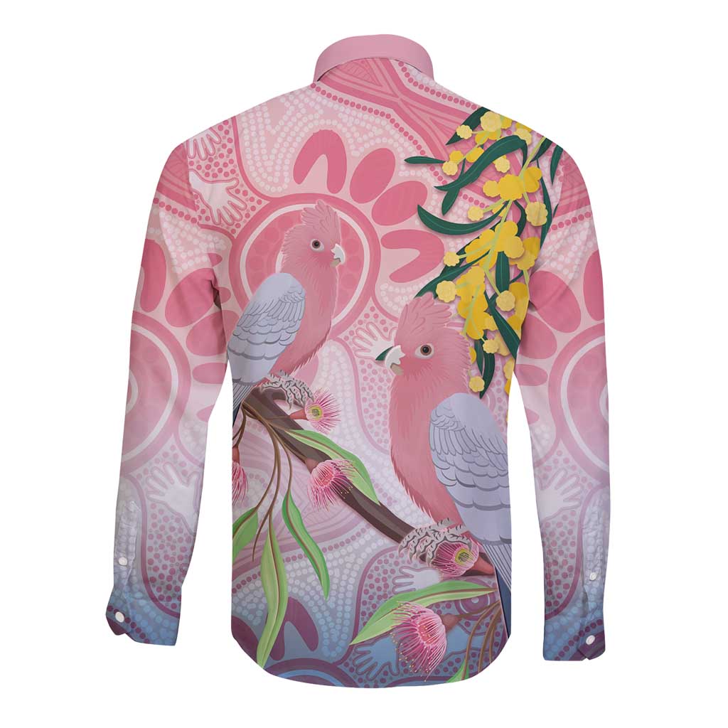 Australia Galah Long Sleeve Button Shirt Gumblossoms Golden Wattle Aboriginal Art