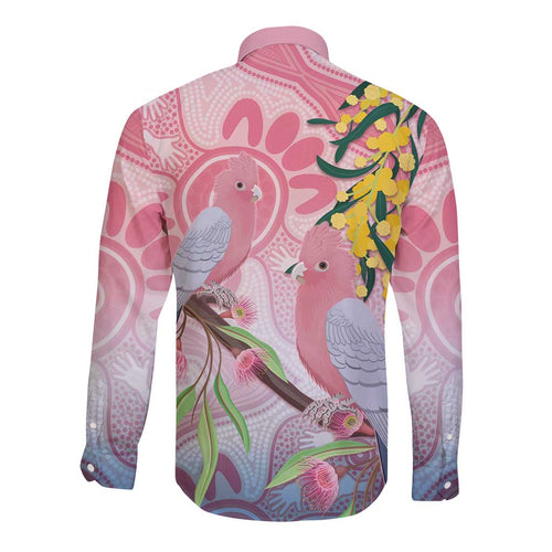 Australia Galah Long Sleeve Button Shirt Gumblossoms Golden Wattle Aboriginal Art