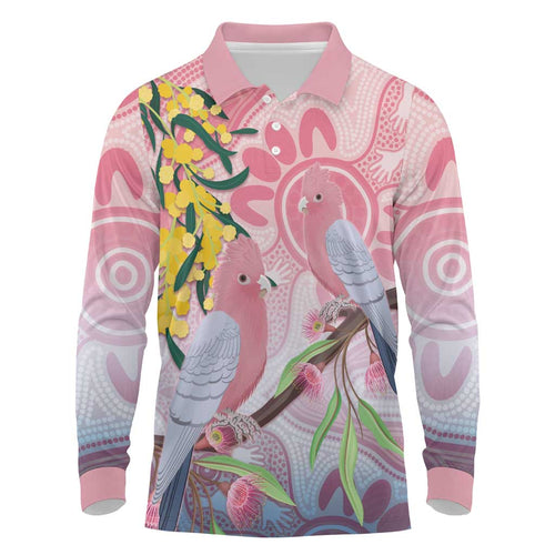 Australia Galah Long Sleeve Polo Shirt Gumblossoms Golden Wattle Aboriginal Art
