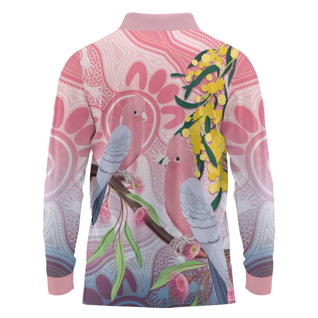 Australia Galah Long Sleeve Polo Shirt Gumblossoms Golden Wattle Aboriginal Art