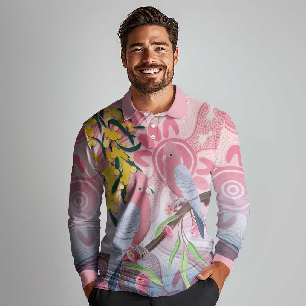 Australia Galah Long Sleeve Polo Shirt Gumblossoms Golden Wattle Aboriginal Art