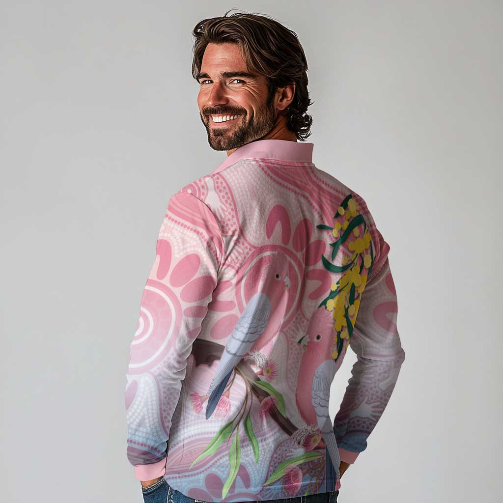 Australia Galah Long Sleeve Polo Shirt Gumblossoms Golden Wattle Aboriginal Art
