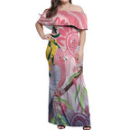 Australia Galah Off Shoulder Maxi Dress Gumblossoms Golden Wattle Aboriginal Art