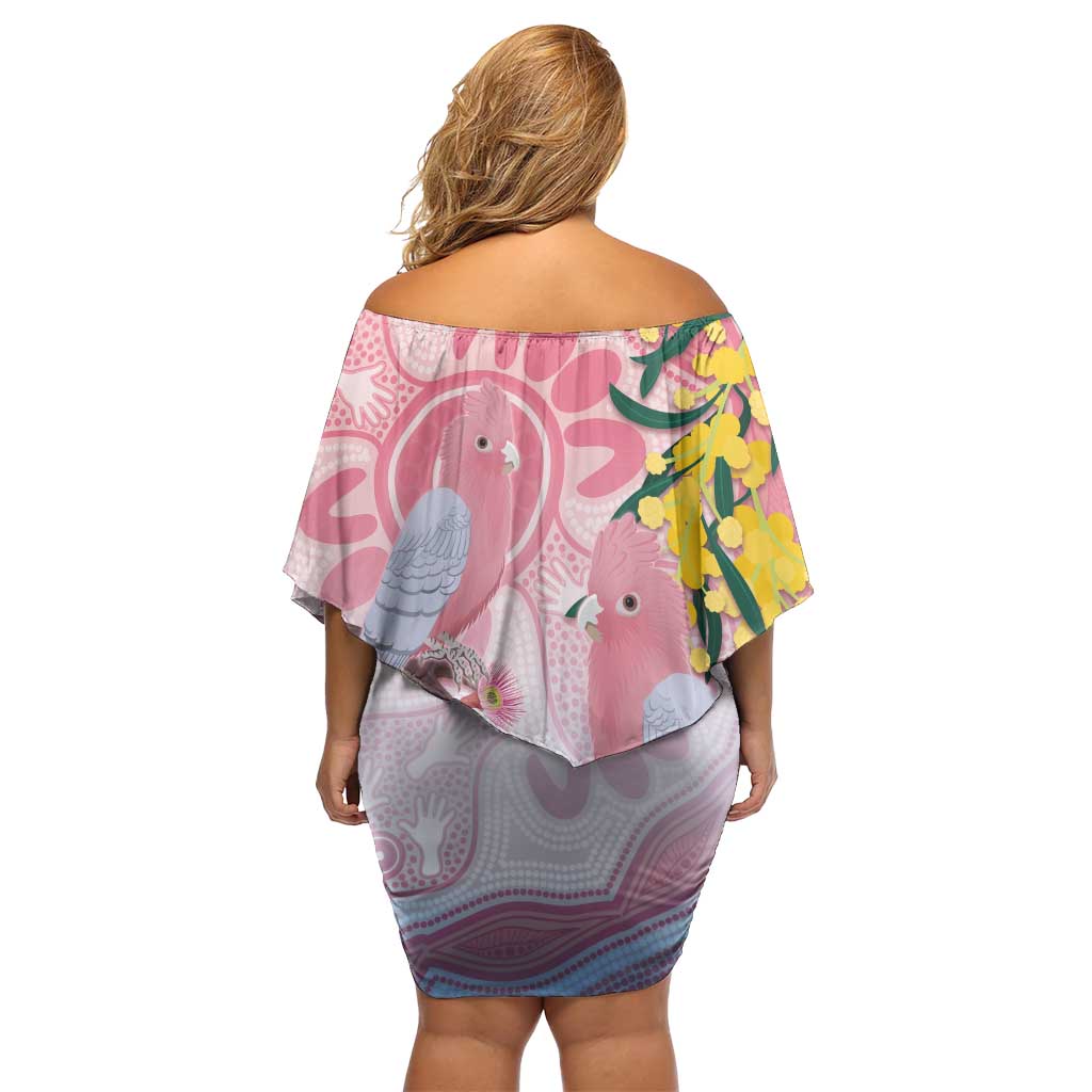 Australia Galah Off Shoulder Short Dress Gumblossoms Golden Wattle Aboriginal Art