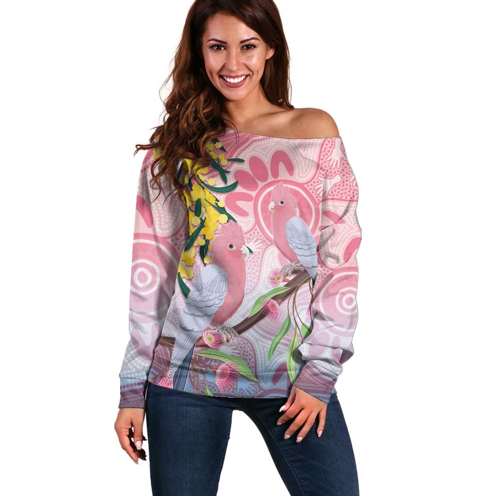 Australia Galah Off Shoulder Sweater Gumblossoms Golden Wattle Aboriginal Art