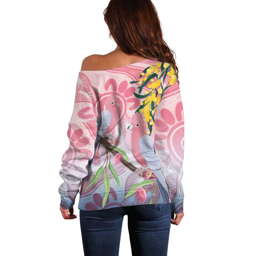 Australia Galah Off Shoulder Sweater Gumblossoms Golden Wattle Aboriginal Art