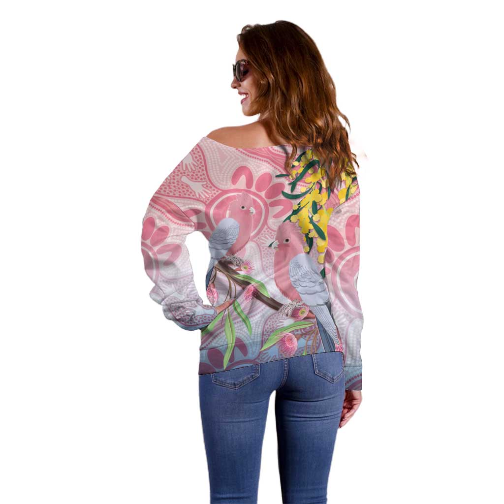 Australia Galah Off Shoulder Sweater Gumblossoms Golden Wattle Aboriginal Art