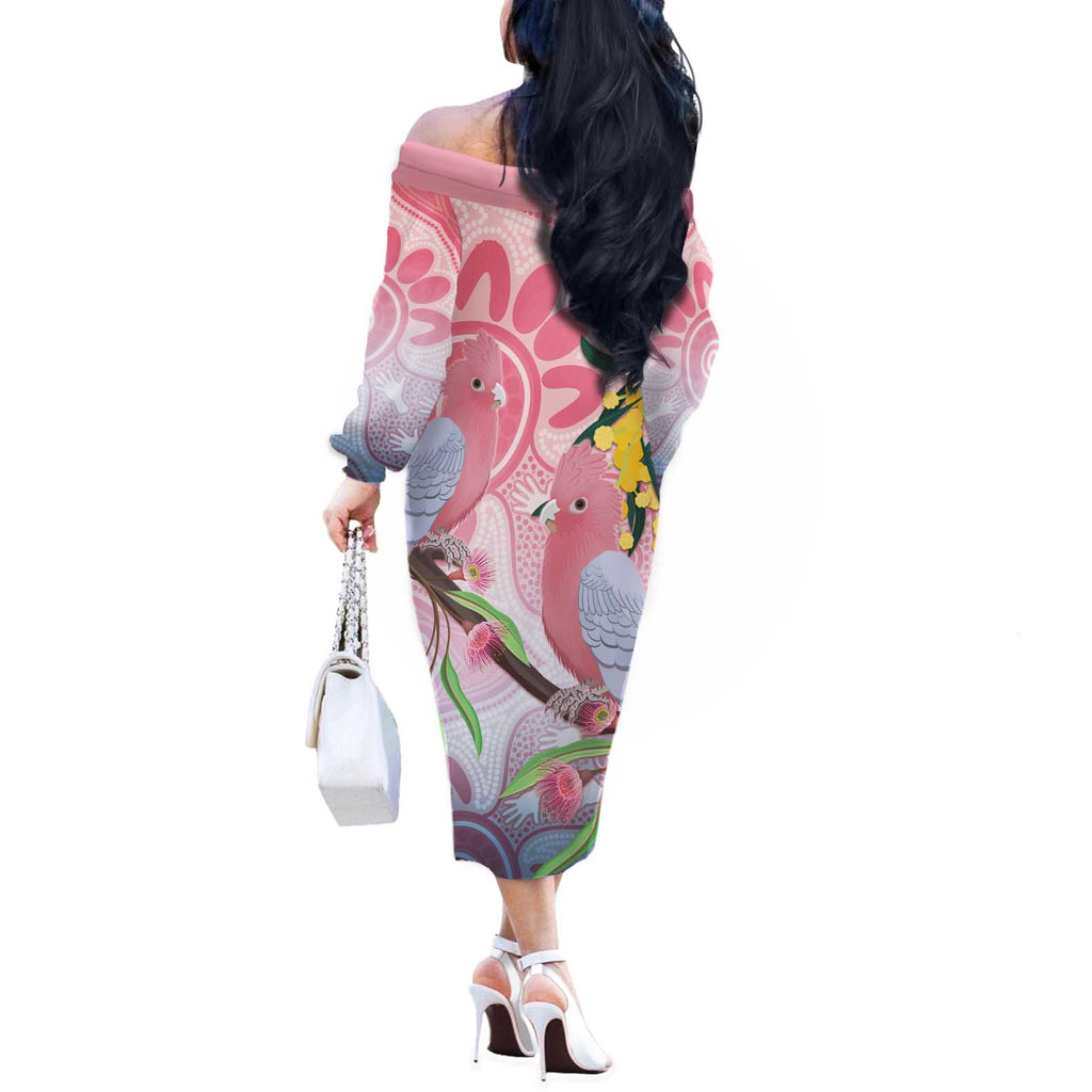 Australia Galah Off The Shoulder Long Sleeve Dress Gumblossoms Golden Wattle Aboriginal Art