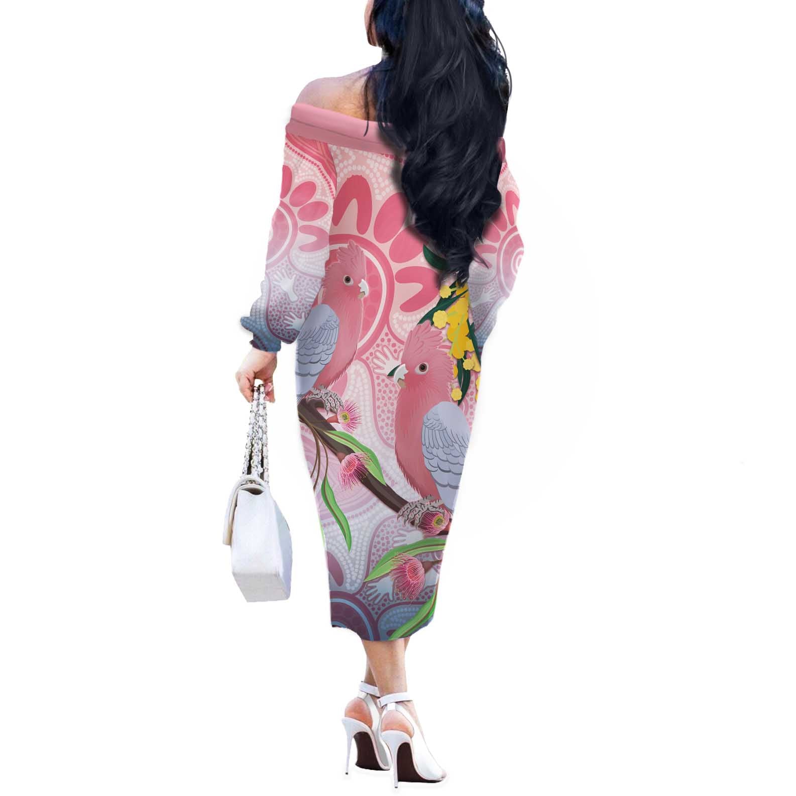 Australia Galah Off The Shoulder Long Sleeve Dress Gumblossoms Golden Wattle Aboriginal Art