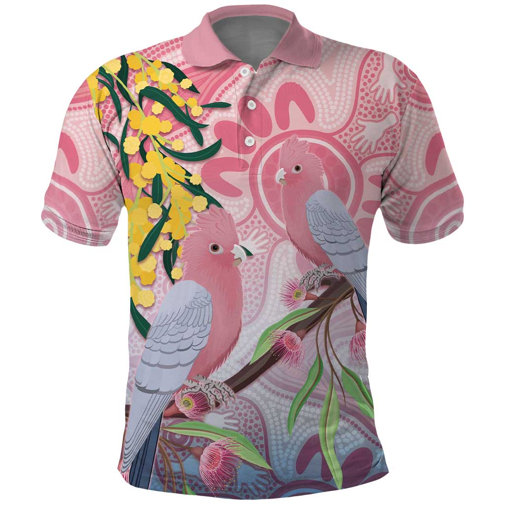 Australia Galah Polo Shirt Gumblossoms Golden Wattle Aboriginal Art