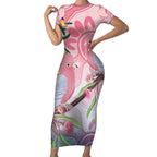 Australia Galah Short Sleeve Bodycon Dress Gumblossoms Golden Wattle Aboriginal Art