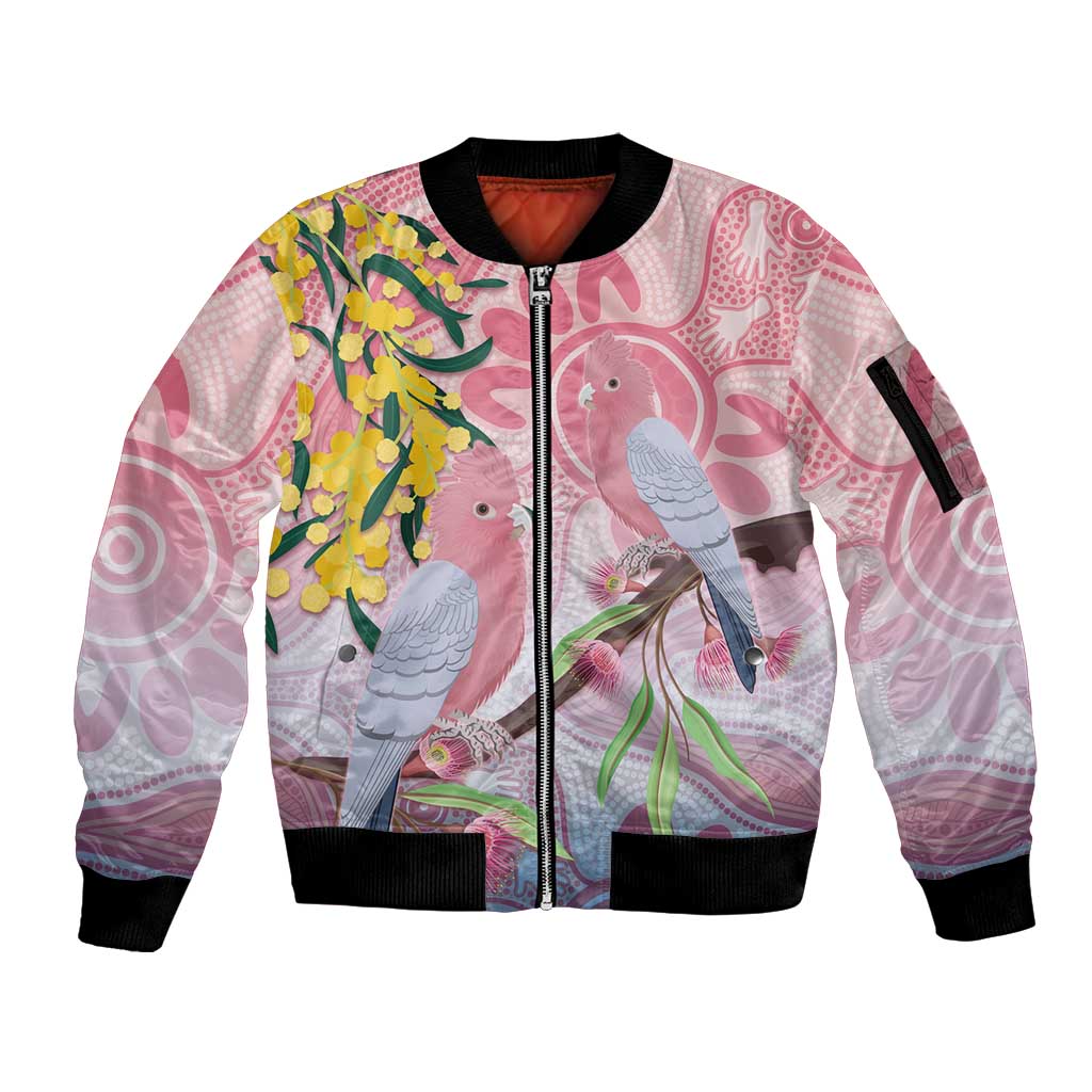 Australia Galah Sleeve Zip Bomber Jacket Gumblossoms Golden Wattle Aboriginal Art