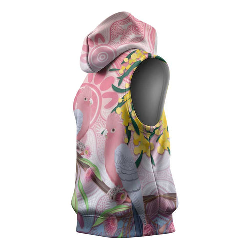 Australia Galah Sleeveless Hoodie Gumblossoms Golden Wattle Aboriginal Art - Aussie Hoodie