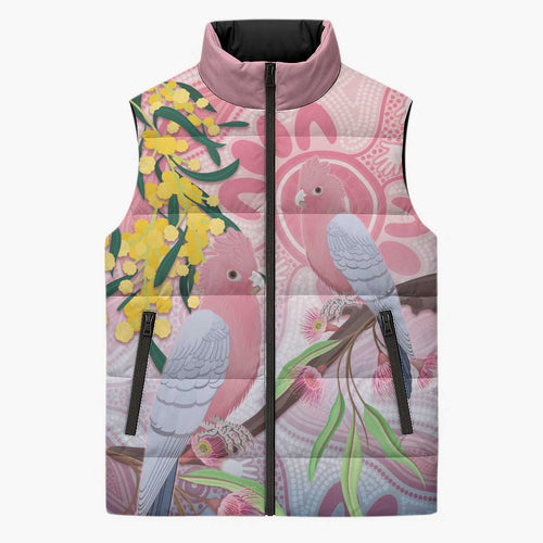 Australia Galah Sleeveless Puffer Jacket Gumblossoms Golden Wattle Aboriginal Art - Aussie Hoodie