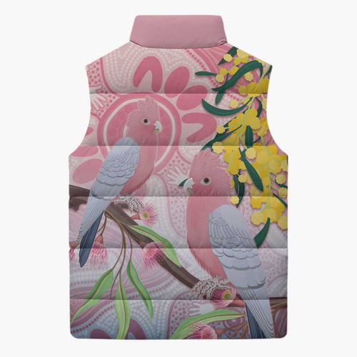 Australia Galah Sleeveless Puffer Jacket Gumblossoms Golden Wattle Aboriginal Art - Aussie Hoodie
