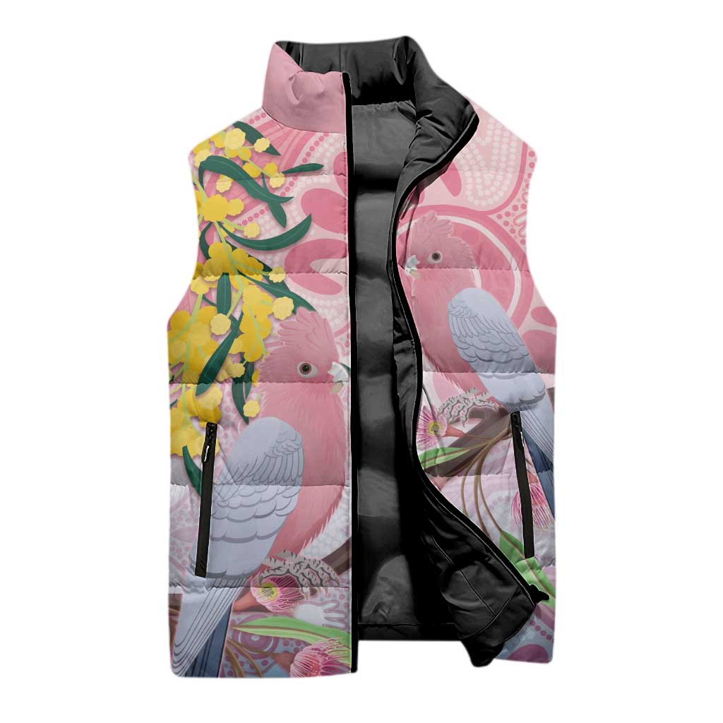 Australia Galah Sleeveless Puffer Jacket Gumblossoms Golden Wattle Aboriginal Art - Aussie Hoodie
