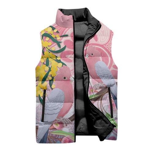 Australia Galah Sleeveless Puffer Jacket Gumblossoms Golden Wattle Aboriginal Art - Aussie Hoodie
