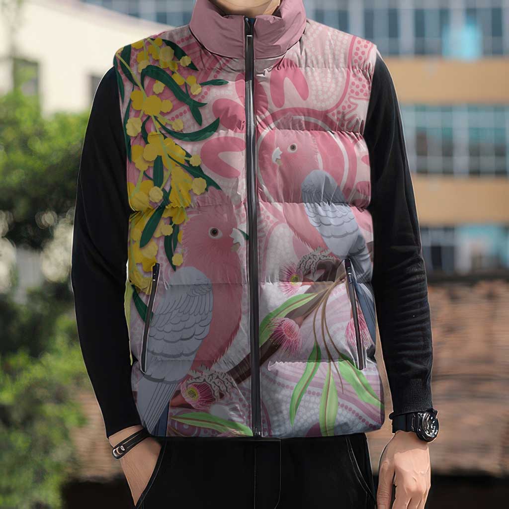 Australia Galah Sleeveless Puffer Jacket Gumblossoms Golden Wattle Aboriginal Art - Aussie Hoodie