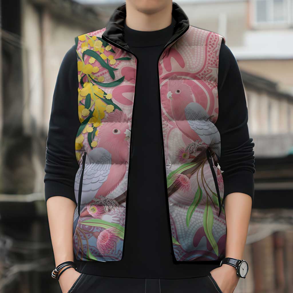 Australia Galah Sleeveless Puffer Jacket Gumblossoms Golden Wattle Aboriginal Art - Aussie Hoodie