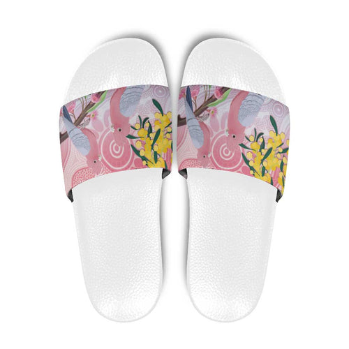 Australia Galah Slide Sandals Gumblossoms Golden Wattle Aboriginal Art - Aussie Hoodie