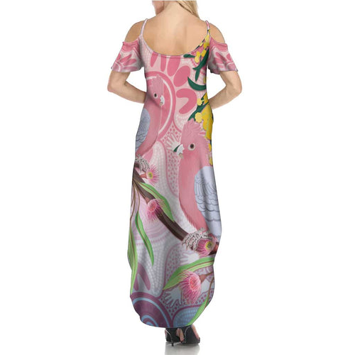 Australia Galah Summer Maxi Dress Gumblossoms Golden Wattle Aboriginal Art