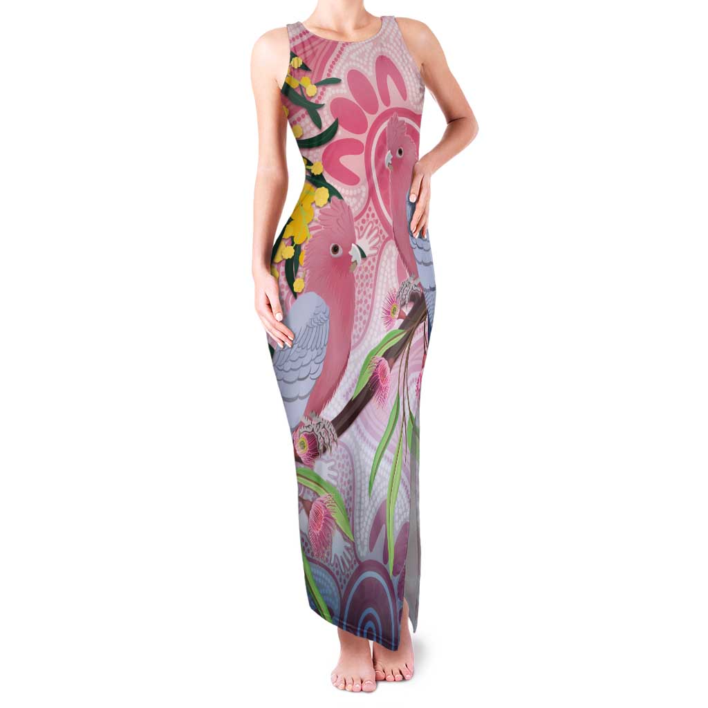 Australia Galah Tank Maxi Dress Gumblossoms Golden Wattle Aboriginal Art