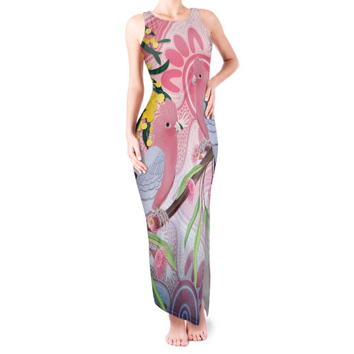 Australia Galah Tank Maxi Dress Gumblossoms Golden Wattle Aboriginal Art