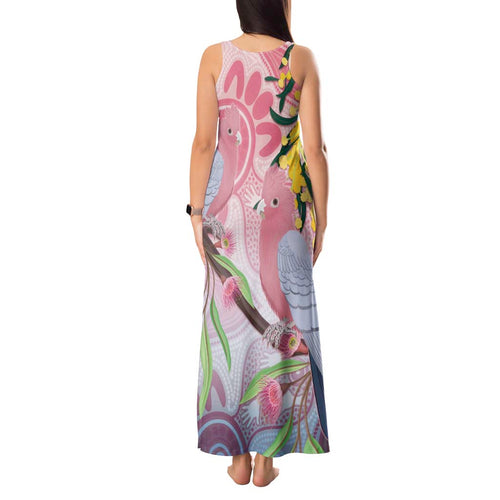 Australia Galah Tank Maxi Dress Gumblossoms Golden Wattle Aboriginal Art