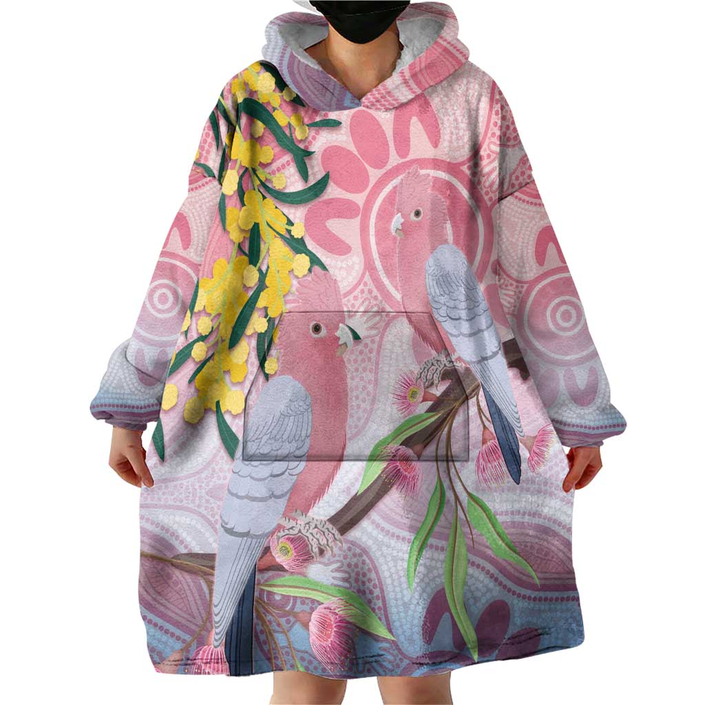 Australia Galah Wearable Blanket Hoodie Gumblossoms Golden Wattle Aboriginal Art