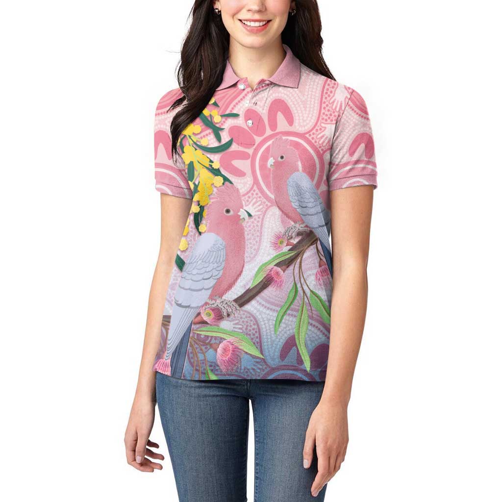 Australia Galah Women Polo Shirt Gumblossoms Golden Wattle Aboriginal Art