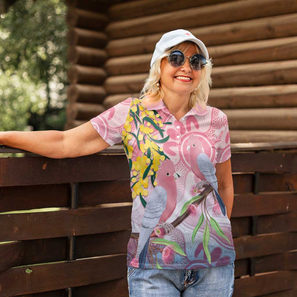 Australia Galah Women Polo Shirt Gumblossoms Golden Wattle Aboriginal Art