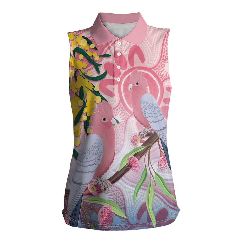 Australia Galah Women Sleeveless Polo Shirt Gumblossoms Golden Wattle Aboriginal Art