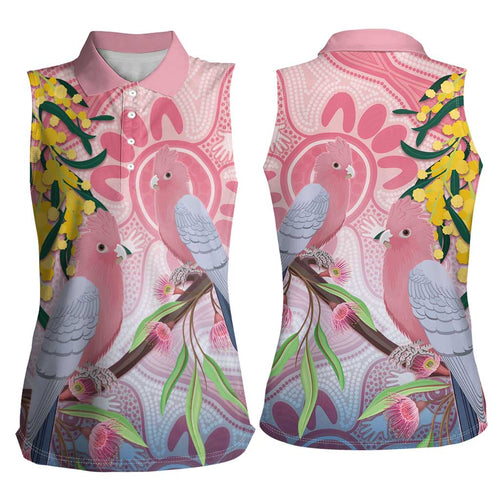 Australia Galah Women Sleeveless Polo Shirt Gumblossoms Golden Wattle Aboriginal Art