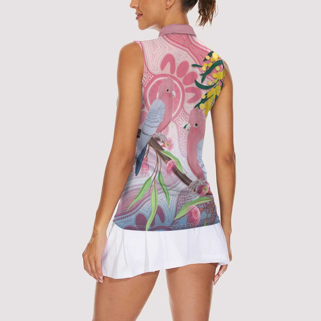 Australia Galah Women Sleeveless Polo Shirt Gumblossoms Golden Wattle Aboriginal Art