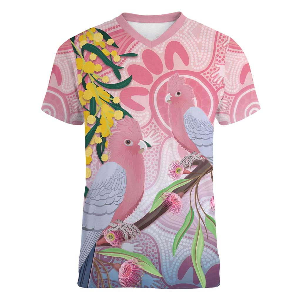 Australia Galah Women V-Neck T-Shirt Gumblossoms Golden Wattle Aboriginal Art