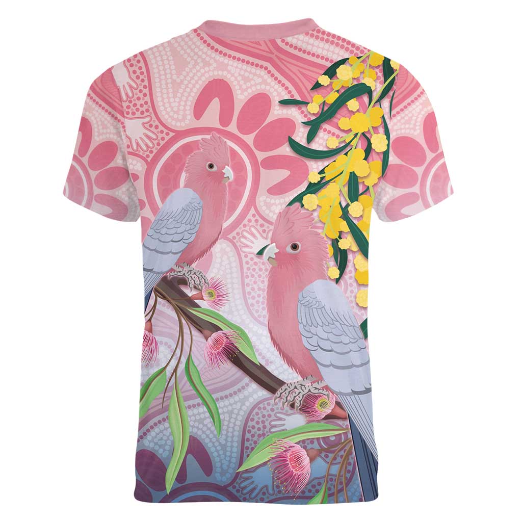 Australia Galah Women V-Neck T-Shirt Gumblossoms Golden Wattle Aboriginal Art