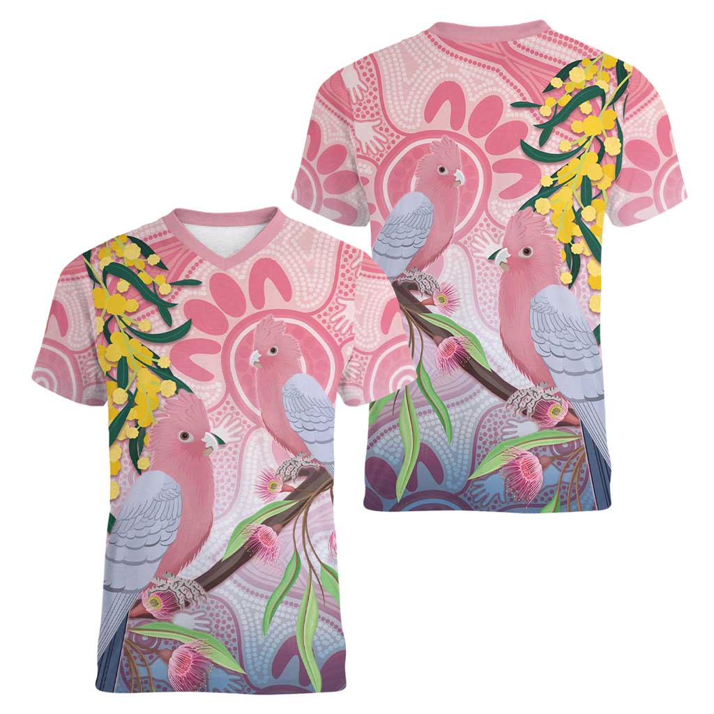 Australia Galah Women V-Neck T-Shirt Gumblossoms Golden Wattle Aboriginal Art